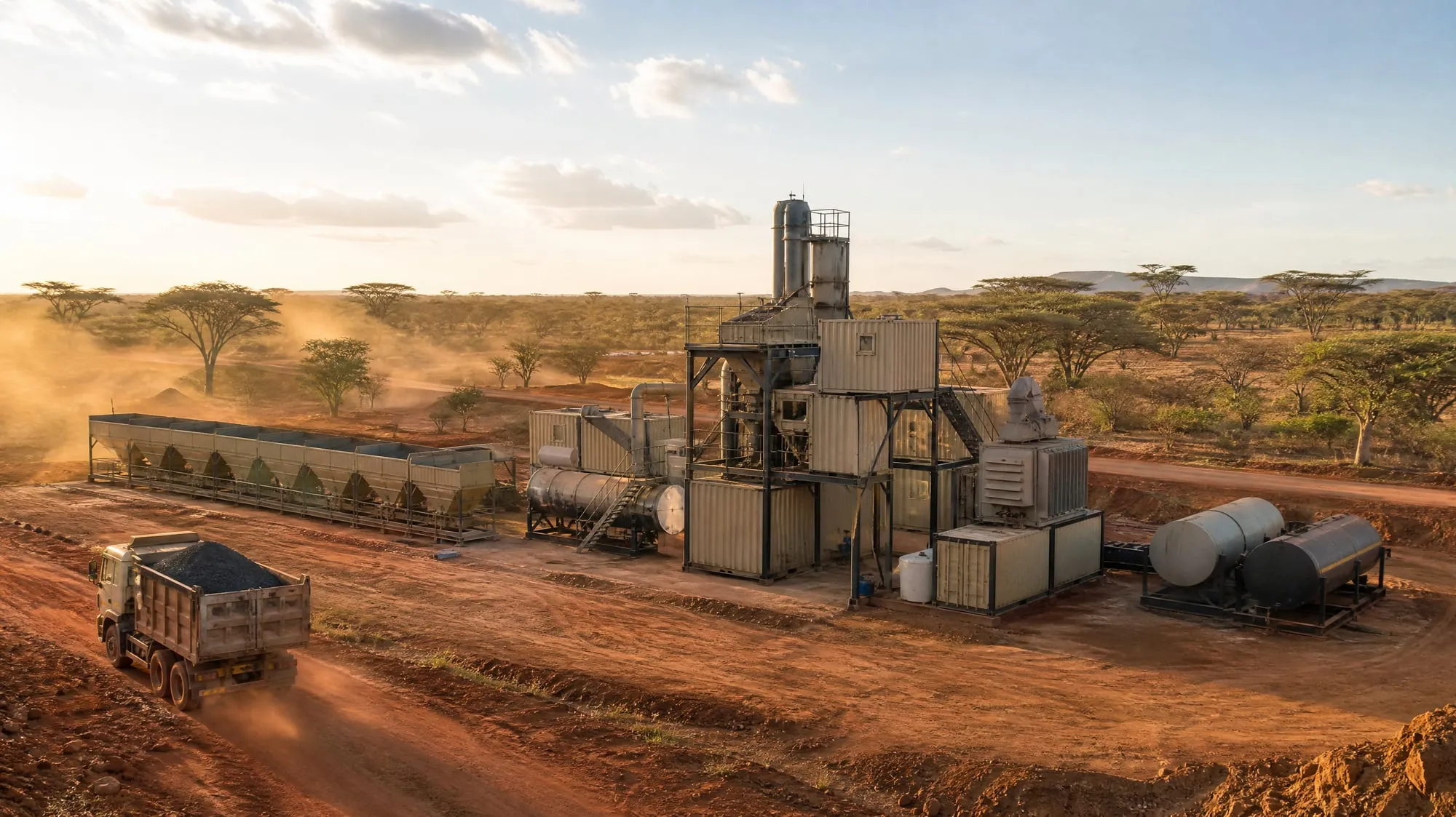 Containerized asphalt plant beside a new road in the East African savanna (illustrative image)