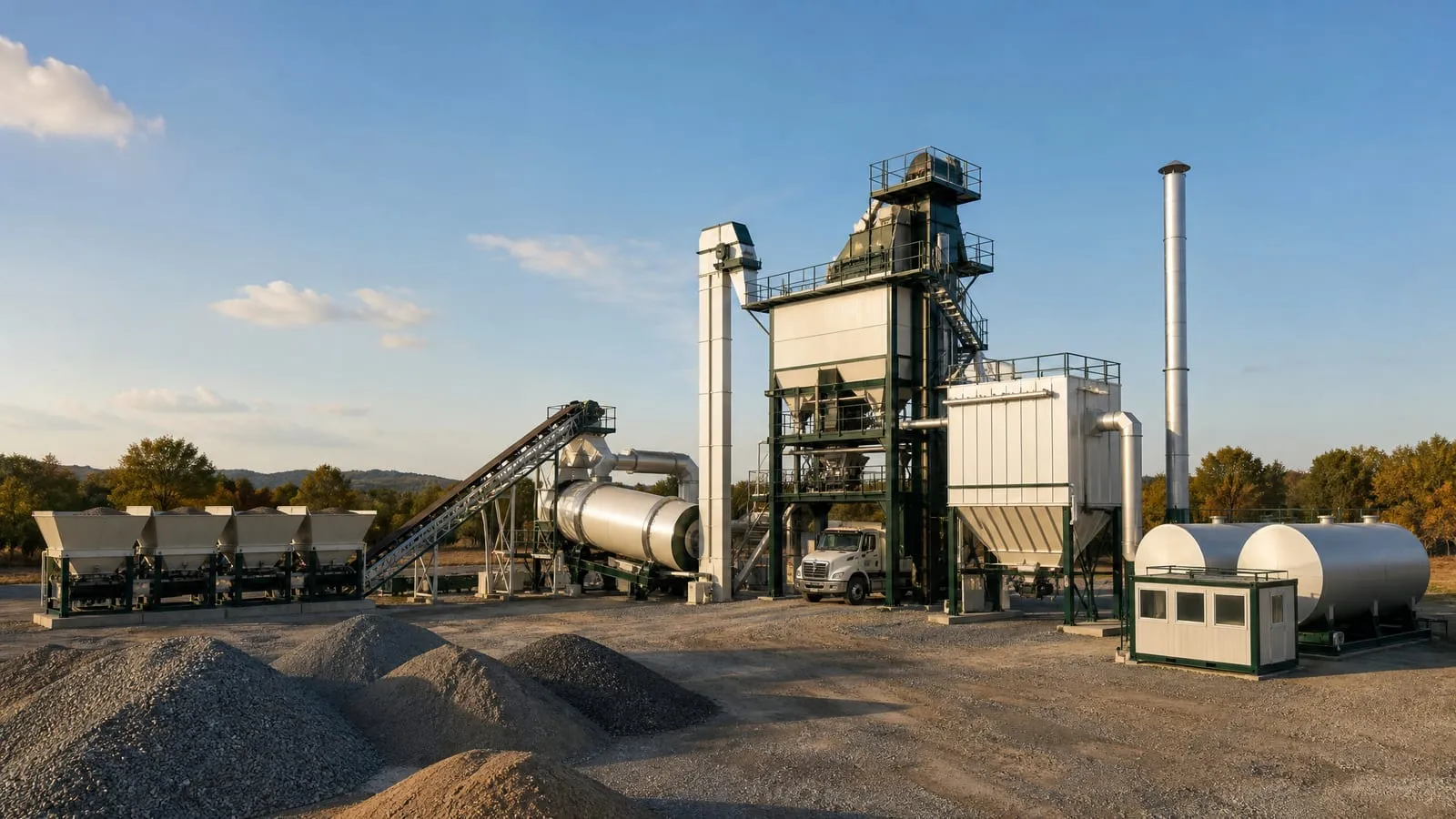 Centrale d'enrobage complète sur une aire gravillonnée : trémies, tambour sécheur, tour de malaxage, filtre à manches et cuves de bitume