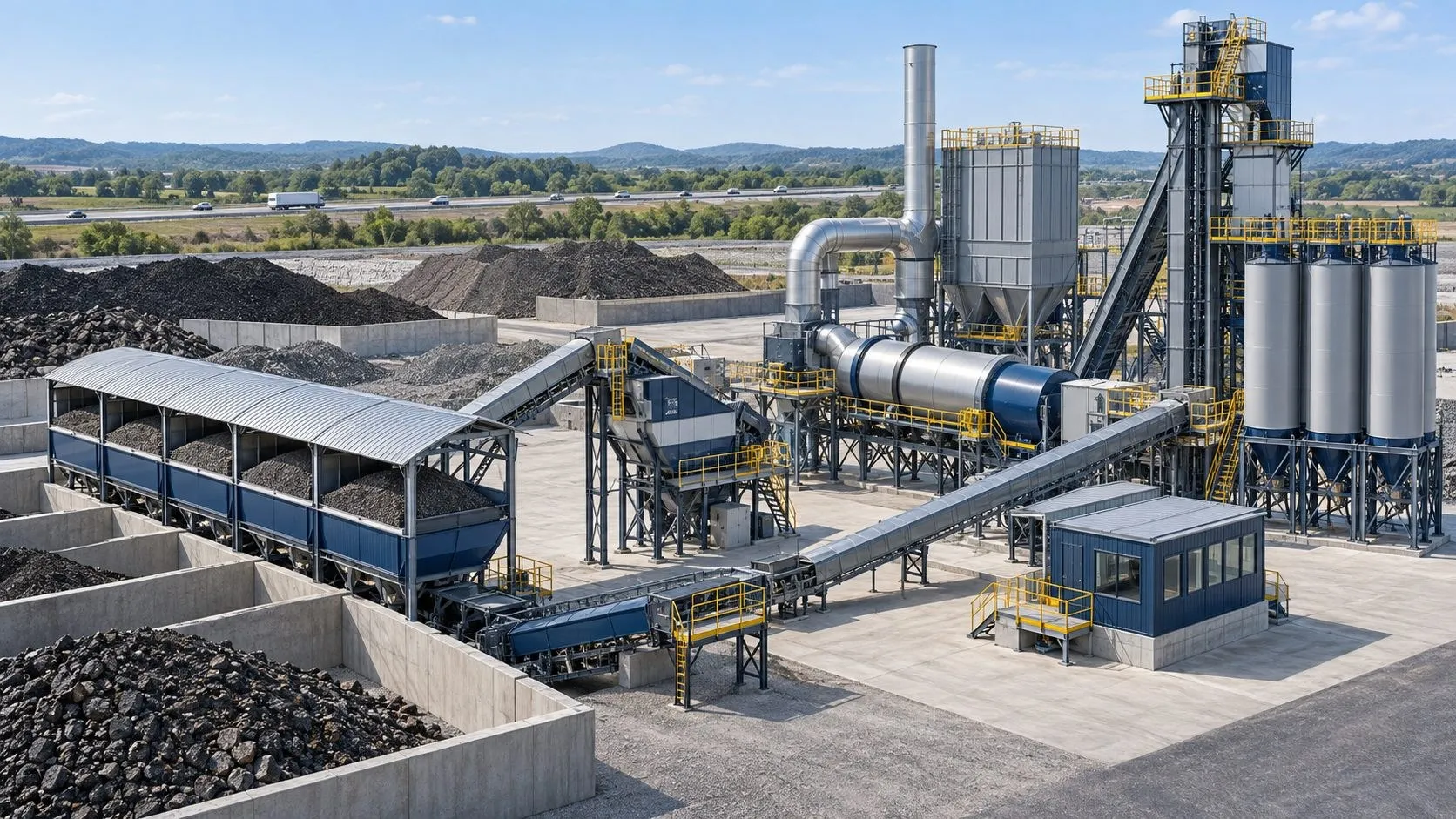 Asphalt recycling plant with separate RAP drum next to the mixing tower (illustrative rendering)