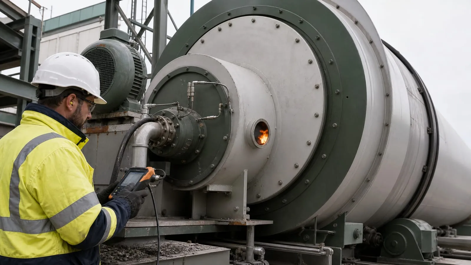 Engineer checking burner combustion with a flue-gas analyzer at the end of a drying drum