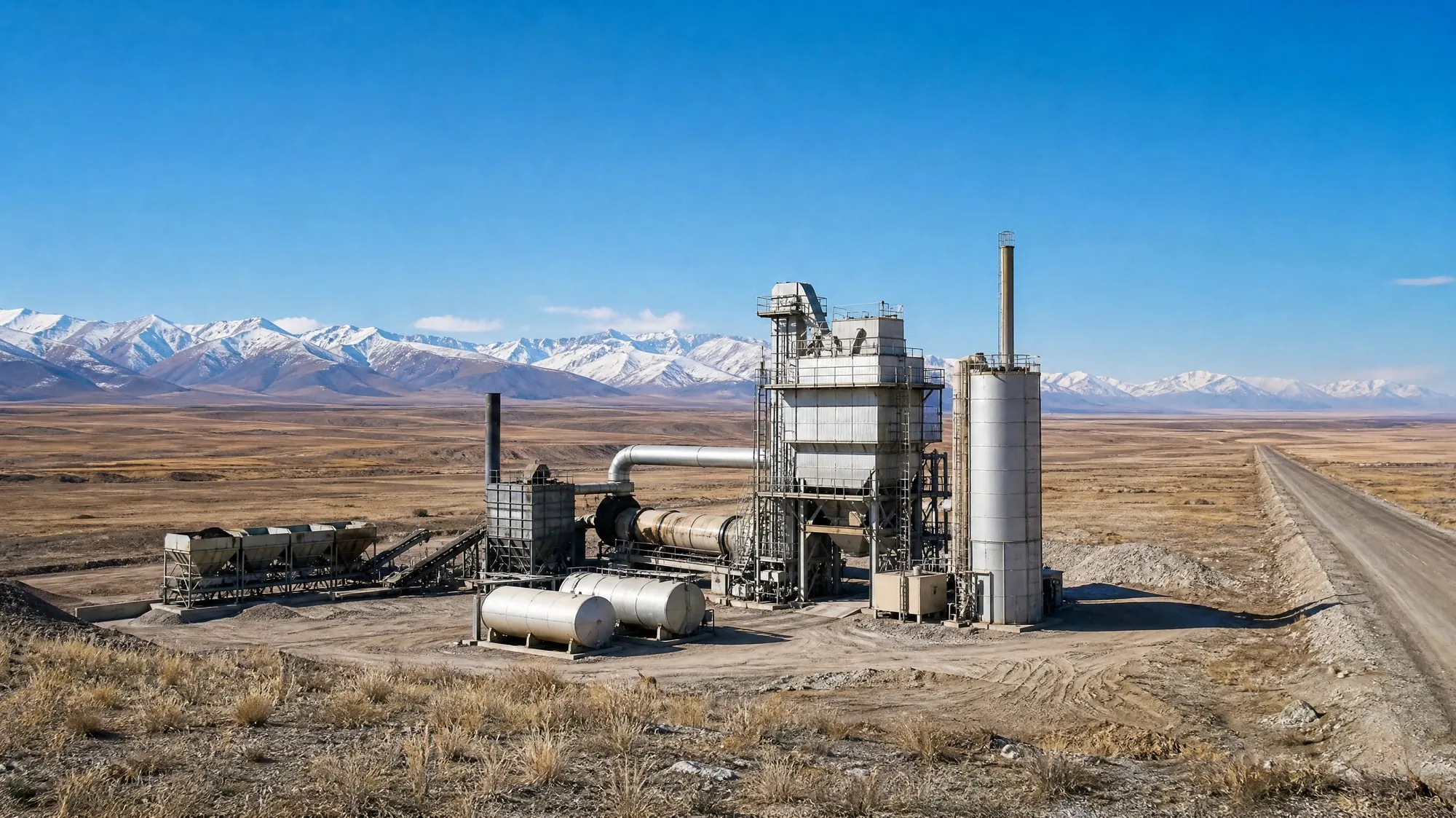 Stationary asphalt batch plant on the Central Asian steppe with snow-capped mountains behind (illustrative image)