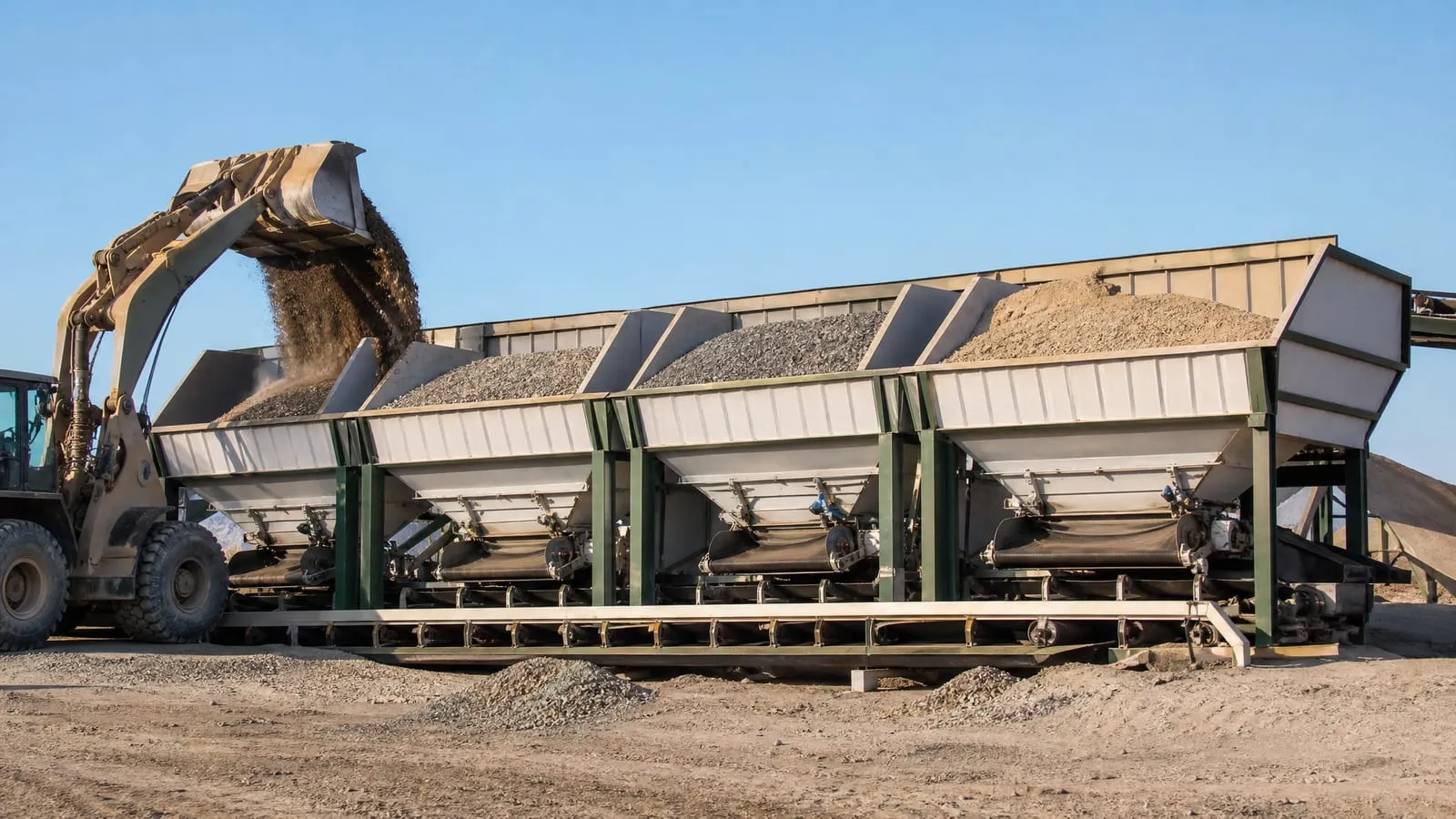 Row of cold aggregate feed bins with belt feeders and a loader tipping crushed stone into one bin