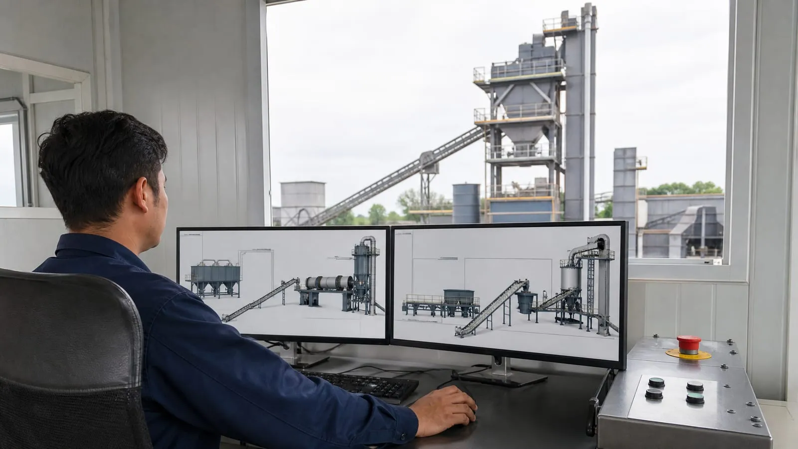 Ingeniero revisando planos de una planta de asfalto en dos monitores dentro de la cabina de control
