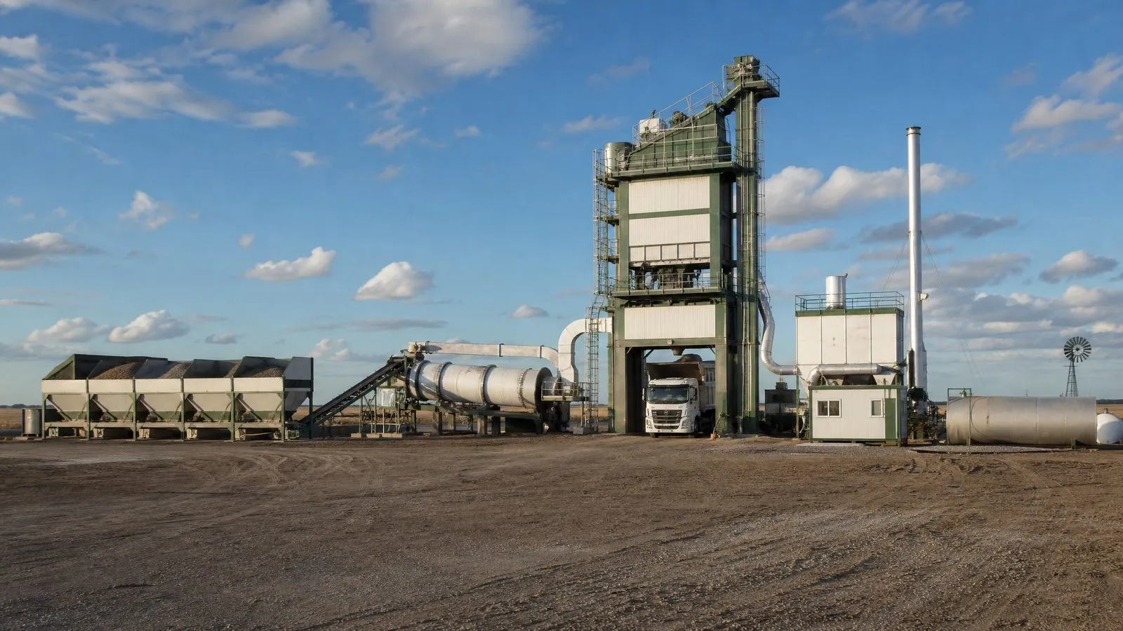 Planta de asfalto discontinua en la llanura pampeana de Argentina, bajo un cielo amplio (imagen ilustrativa)