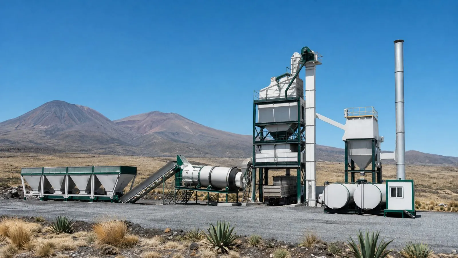 Planta de asfalto en contenedores sobre una plataforma de grava en el altiplano mexicano, con volcanes a lo lejos (imagen ilustrativa)
