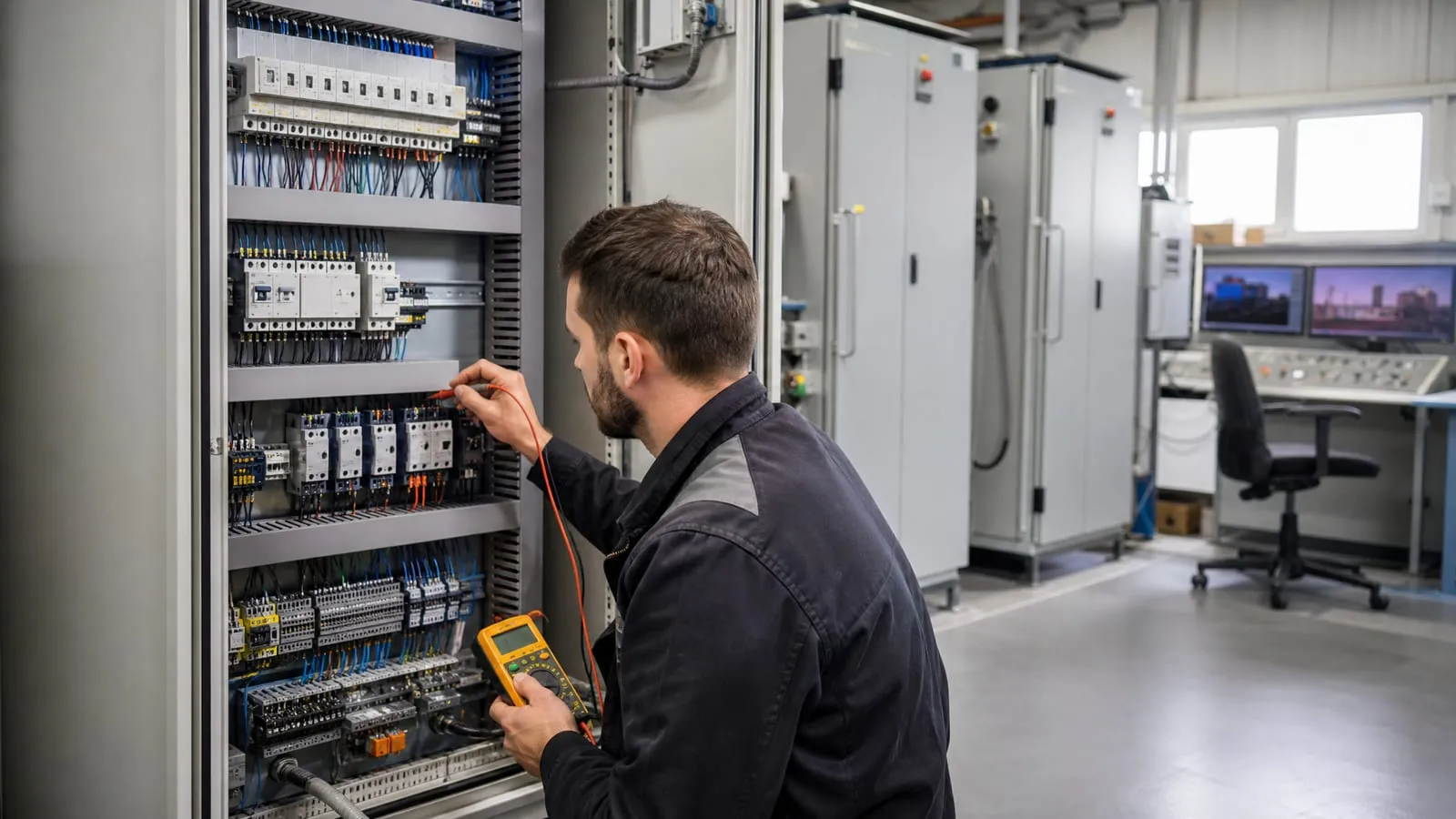 Technician testing wiring in an open industrial control cabinet, with a plant control desk behind