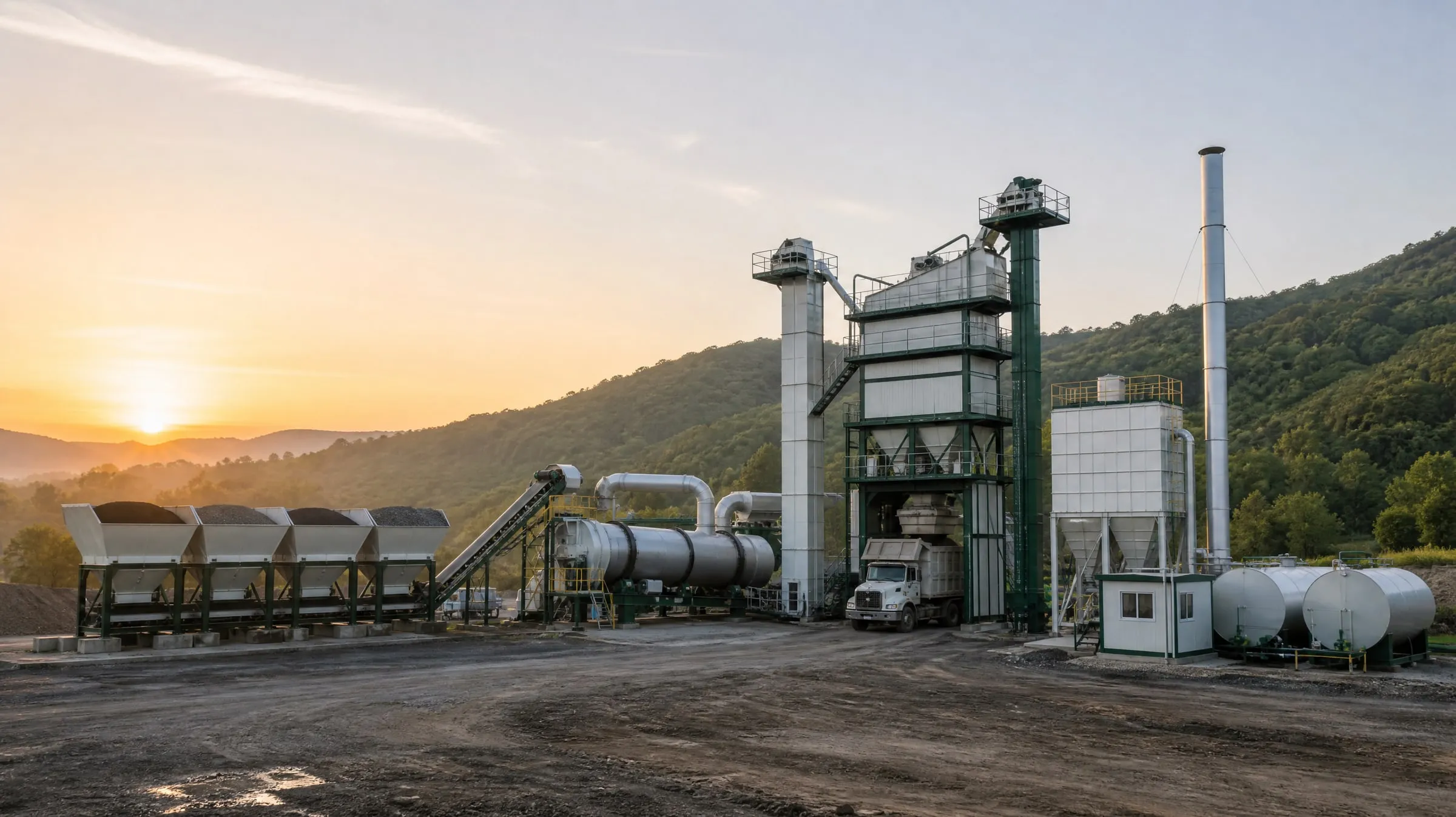 Asphalt batch mixing plant at sunrise with cold feed bins, drying drum, mixing tower and baghouse