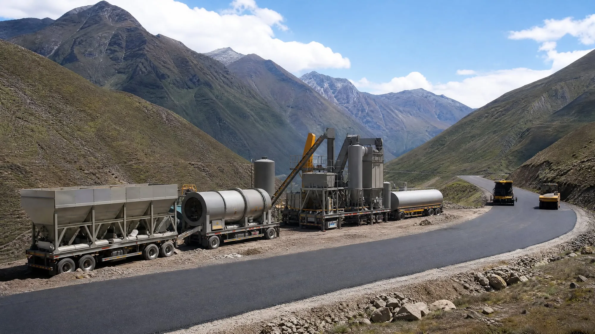 Mobile asphalt plant beside a mountain highway under construction in the Andes (illustrative image)