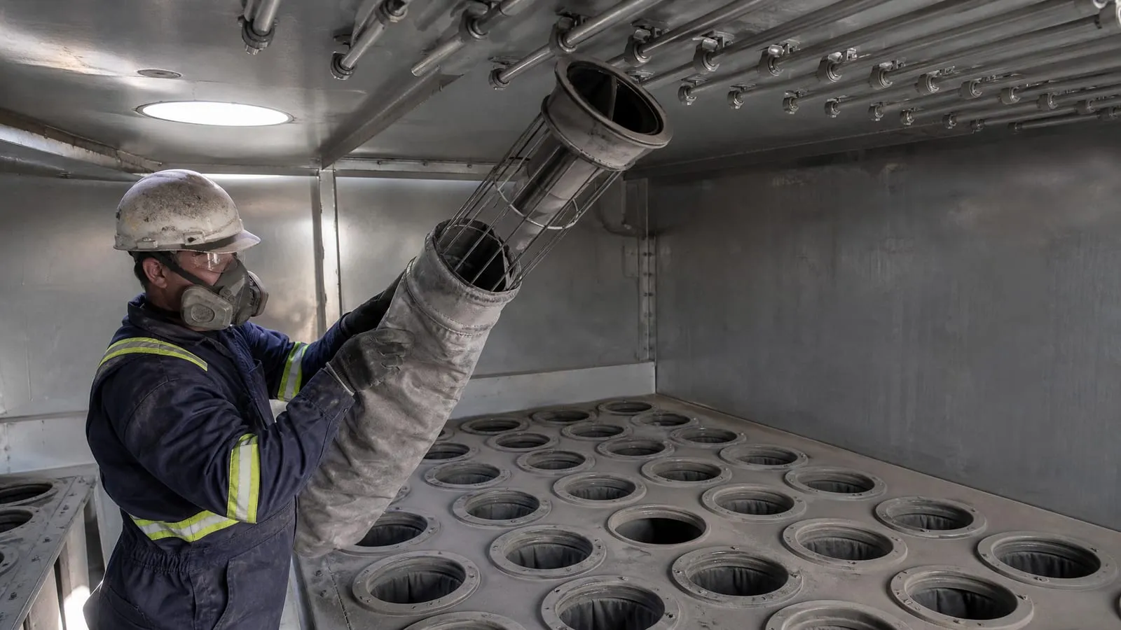 Technician in a respirator lifting a filter bag on its cage out of a baghouse tube sheet