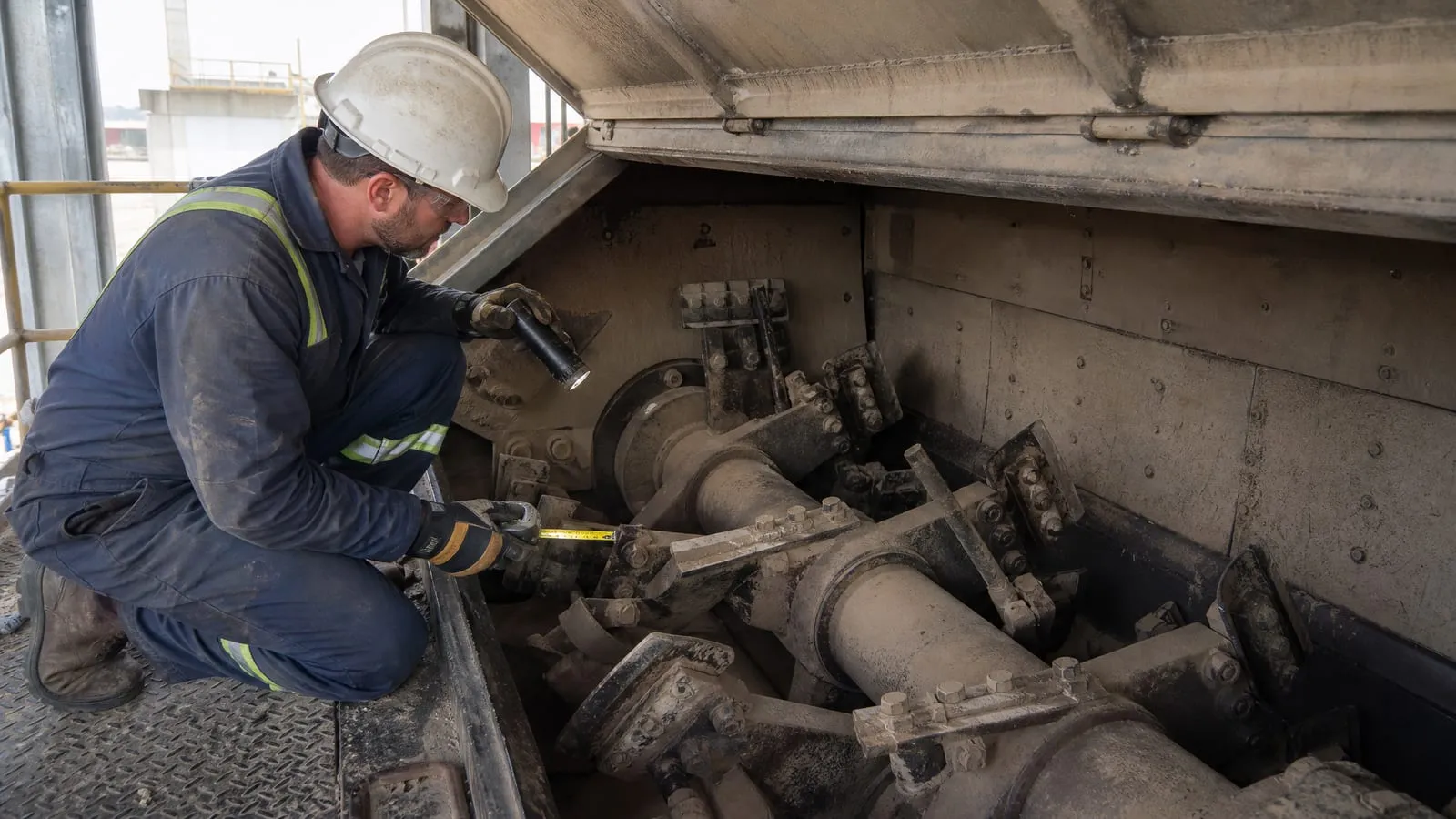Technician wearing a hard hat and gloves inspecting the inside of an asphalt mixer