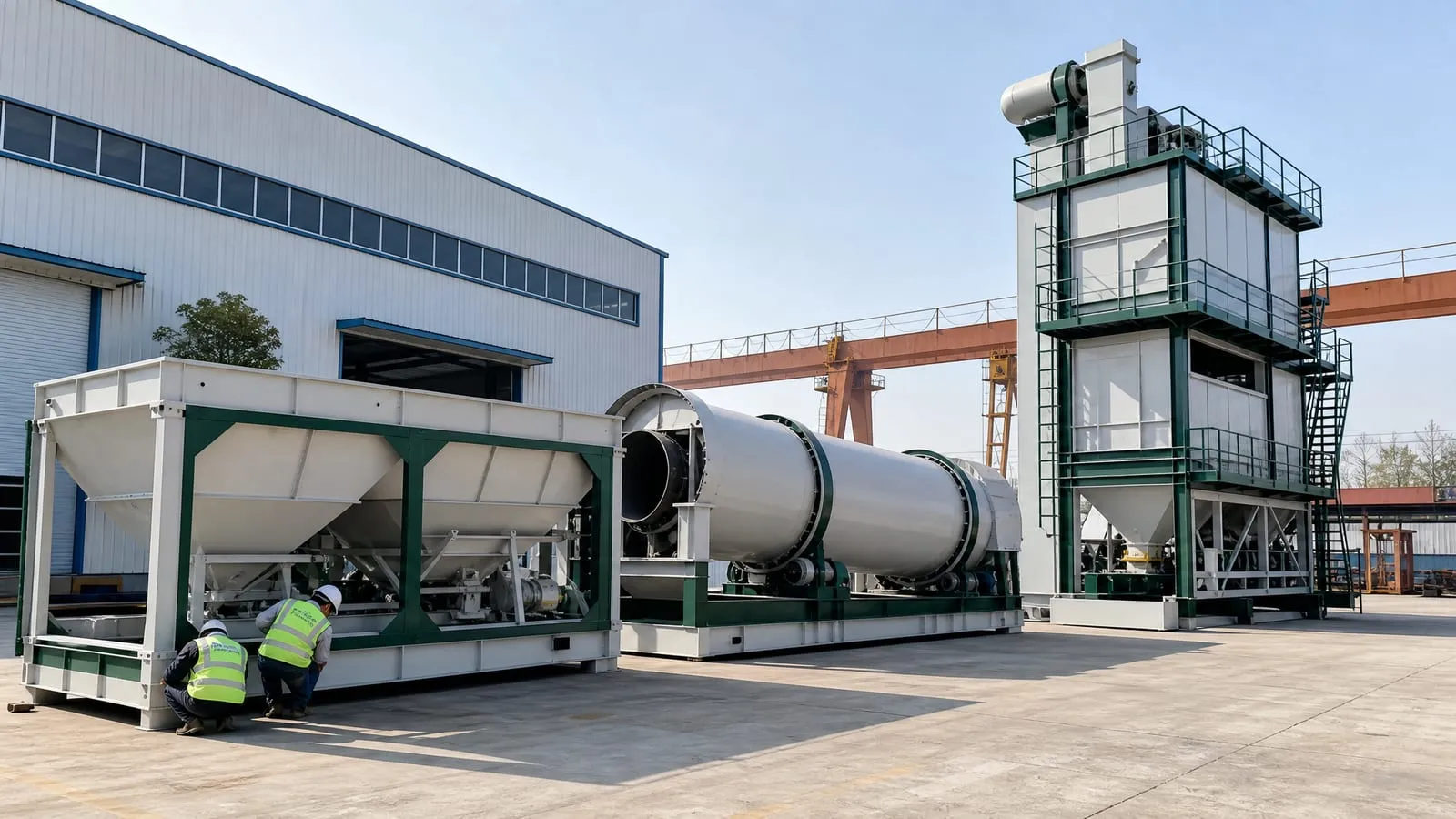 White and grey asphalt plant modules standing in a factory yard for trial pre-assembly, with workers inspecting bolted joints