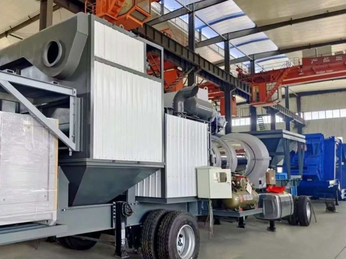 Trailer-mounted mobile asphalt plant unit with drying drum and control cabinet