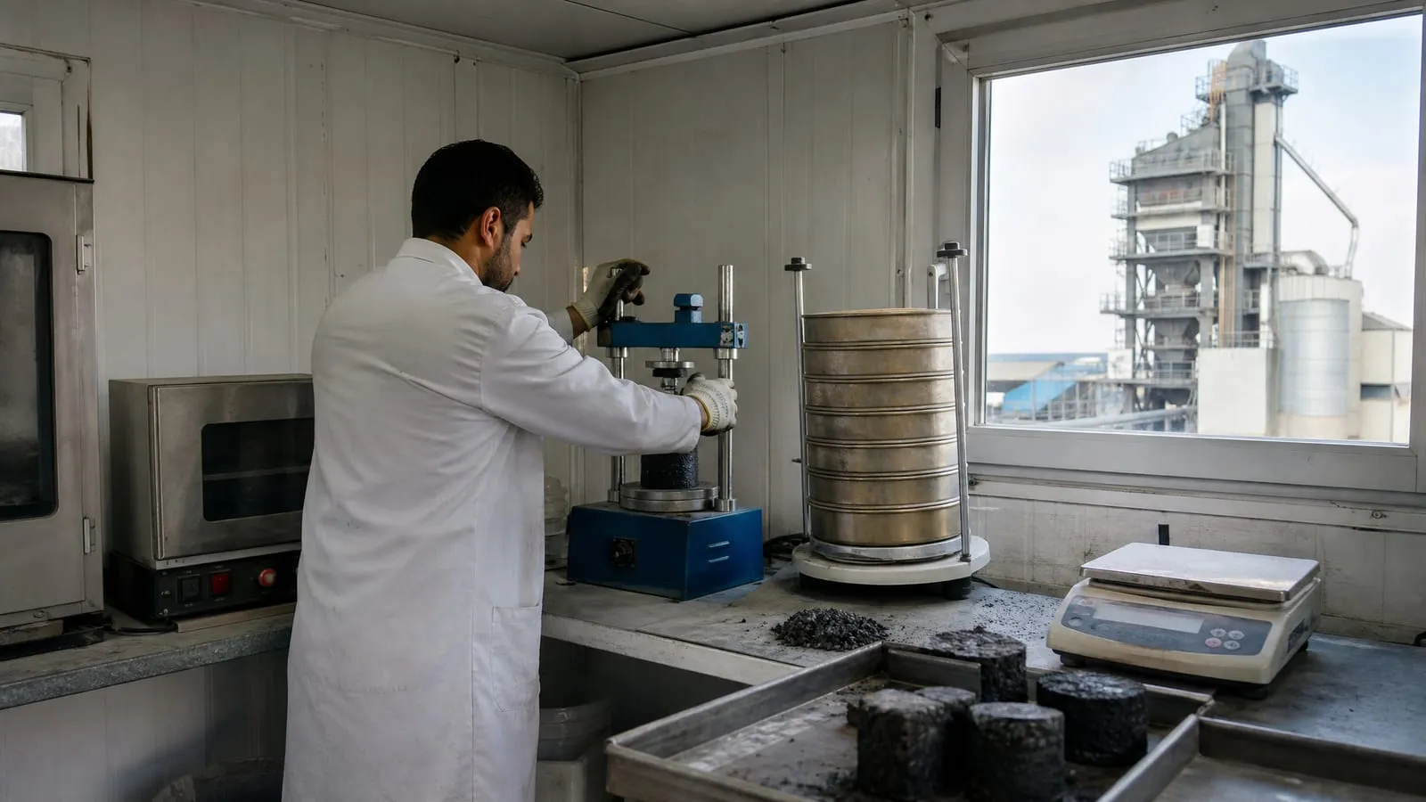 Lab technician compacting a specimen with sieves, oven and balance in a site laboratory