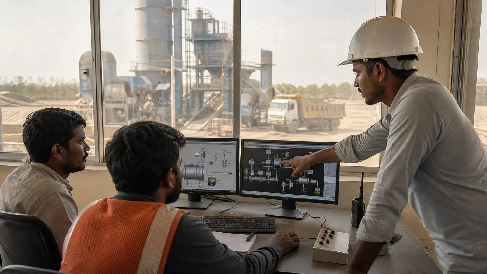 Plant engineer with two operators at the control desk of an asphalt plant