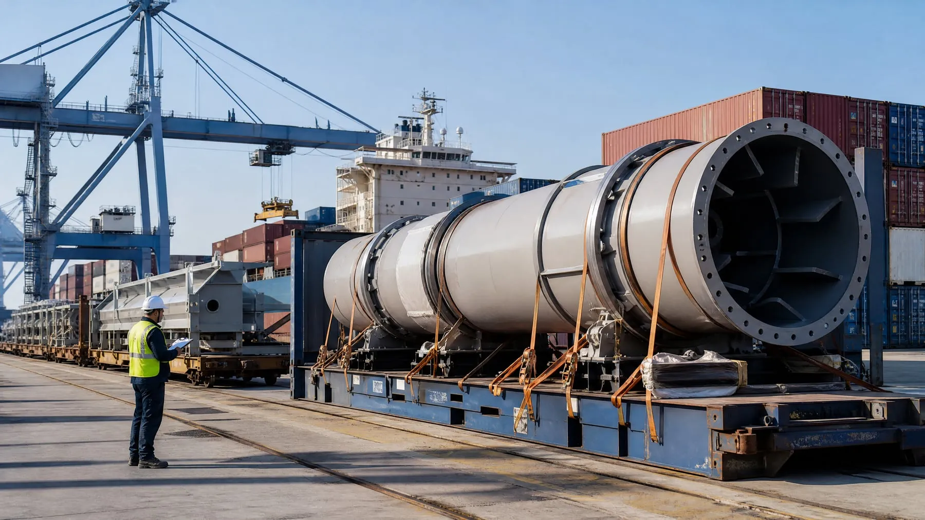 Asphalt plant drying drum and steel sections lashed on flat-rack containers at a port (illustrative image)