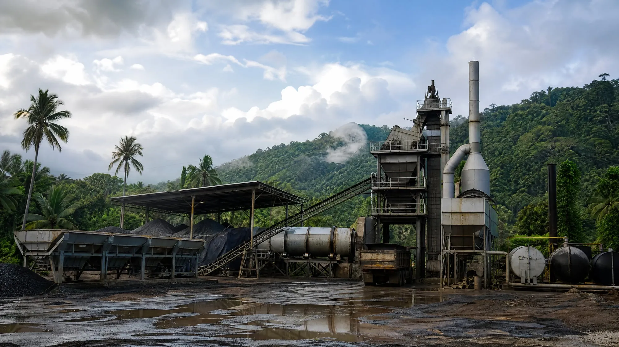 Asphalt batch plant on a tropical road project after rain, with covered aggregate stockpiles (illustrative image)