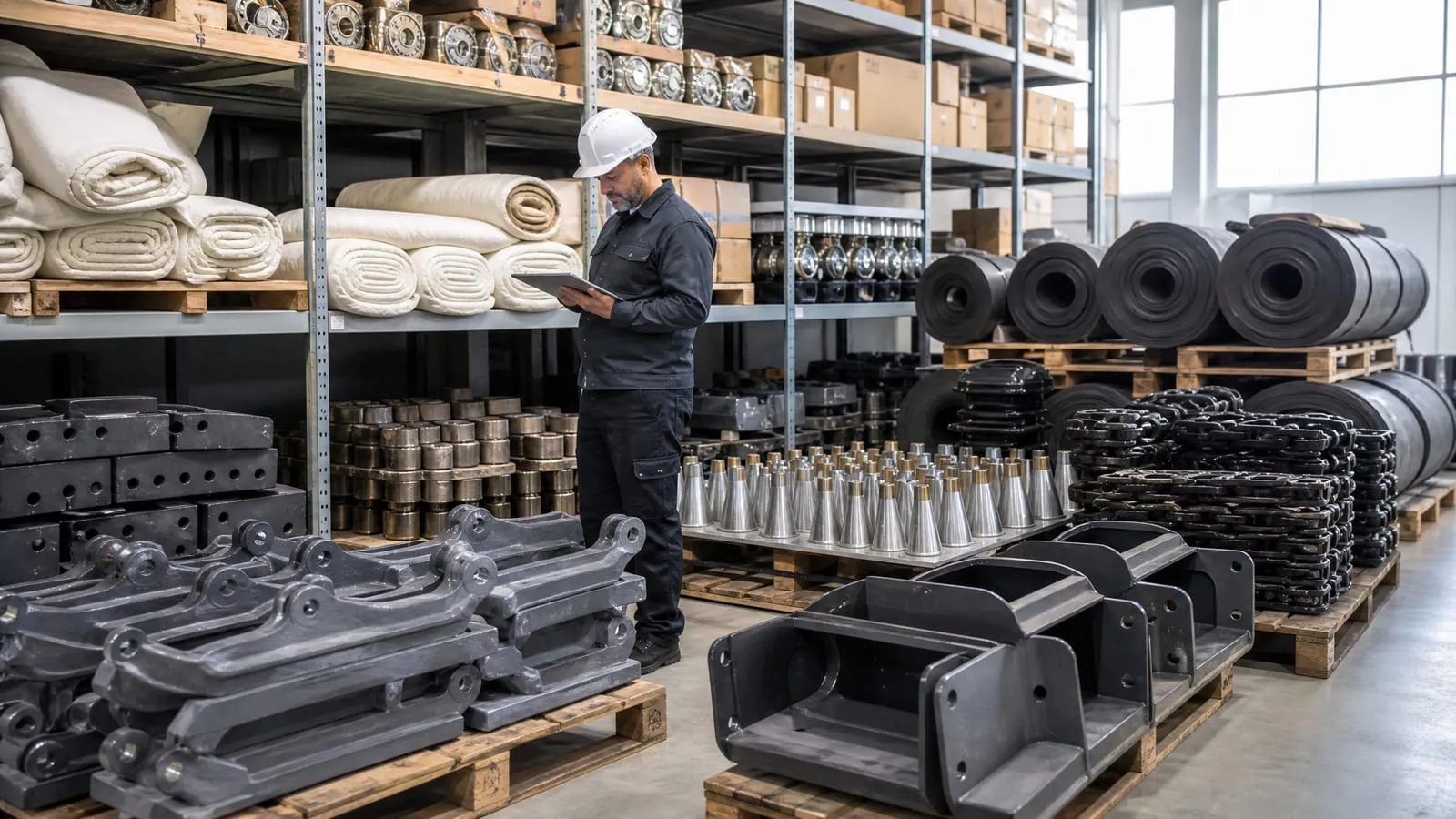 Organized warehouse shelves with bearings, filter bag rolls, mixer paddles, liner plates and conveyor belt rolls for asphalt plants